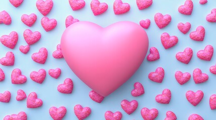 Wall Mural - Heart is surrounded by many other hearts. The heart is pink and stands out from the other hearts. Concept of love and affection