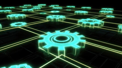 Poster - Abstract glowing grid of automation icons, gears, and dynamic workflows in a futuristic environment