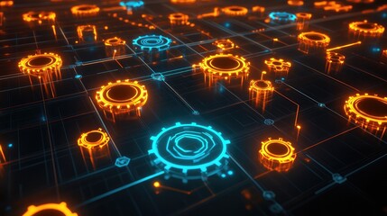 Poster - Abstract glowing grid of automation icons, gears, and dynamic workflows in a futuristic environment