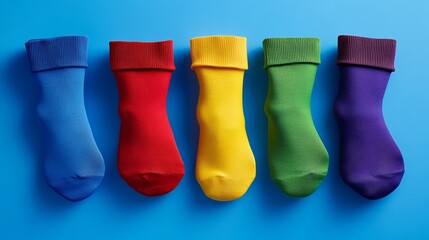 Poster - Row of colorful socks on a blue background. The socks are in a rainbow order, with the first sock being red and the last sock being purple. The socks are arranged in a neat row