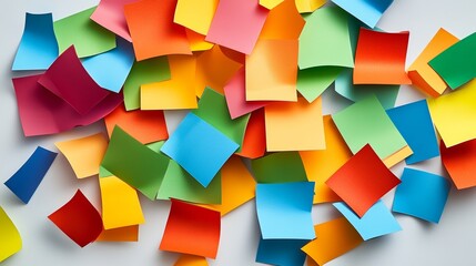 Poster - Bunch of colorful sticky notes are scattered on a table. The notes are of various sizes and colors, creating a vibrant and lively atmosphere. The scene suggests a creative and playful environment