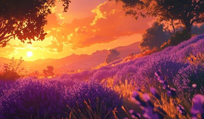 Wall Mural - vibrant sunset over a sprawling lavender field. (1)