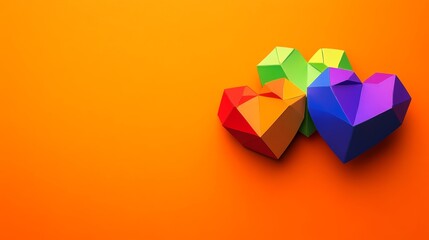 Poster - Colorful heart made of paper is on a bright orange background. The heart is made of different colors, and it is placed on top of a piece of paper. Concept of creativity and playfulness