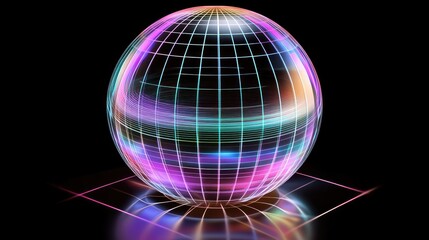 Canvas Print - Abstract glowing holographic sphere representing text evolving into vibrant visuals with dynamic light trails and grids