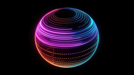 Poster - Abstract glowing holographic sphere representing text evolving into vibrant visuals with dynamic light trails and grids