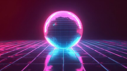 Poster - Abstract glowing holographic sphere representing text evolving into vibrant visuals with dynamic light trails and grids