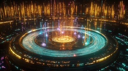 Poster - Abstract glowing network grid with holographic data analytics displays, surrounded by binary code streams