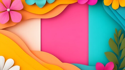 Poster - Colorful paper with a pink background and a pink flower on it. The flower is surrounded by other flowers and leaves