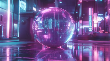 Poster - Abstract glowing sphere visualizing text evolving into vibrant holographic images surrounded by dynamic grids and light effects