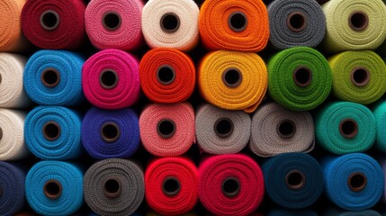 Poster - Row of colorful yarns are stacked on top of each other. The colors are bright and vibrant, creating a cheerful and lively atmosphere. The yarns are arranged in a way that they are all visible