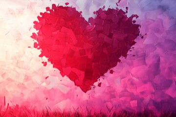 Poster - Heart made of paper is painted on a wall. The heart is red and pink, and it is surrounded by a purple background. The heart is broken and torn