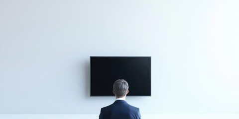 Travel restrictions and compliance concept. A person in a suit facing a blank television screen on a white wall.