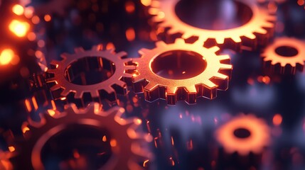 Poster - Abstract network of glowing gears, automation icons, and dynamic data streams in a clean futuristic space