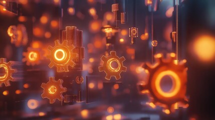 Poster - Abstract network of glowing gears, automation icons, and dynamic data streams in a clean futuristic space