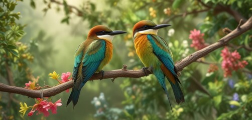 bee-eater bird on a tree branch with blooming plants, flowers, garden