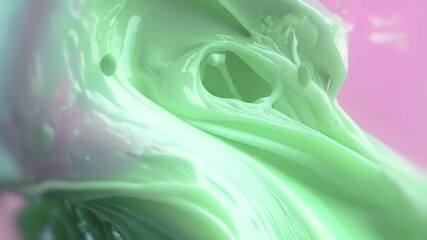 Leinwandbilder - Vibrant animation with shiny streams of pink and green that converge in the center. Drops and splashes in motion on the pink background add dynamism and freshness