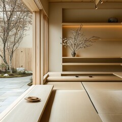 Wall Mural - Minimalist Japanese Room Design Featuring Wooden Elements and a Garden View