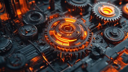 Poster - Abstract wave of glowing automation symbols and mechanical gears, representing advanced system integration