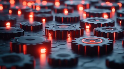 Poster - Abstract wave of glowing automation symbols and mechanical gears, representing advanced system integration