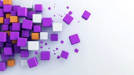 Wall Mural - Wall of purple and white blocks with orange and white blocks in the middle. The blocks are arranged in a way that creates a sense of chaos and disarray