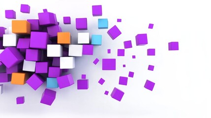 Poster - Bunch of purple and orange cubes are scattered across a white background. Concept of chaos and disorder, with the blocks seemingly falling apart or being thrown around. The colors of the cubes