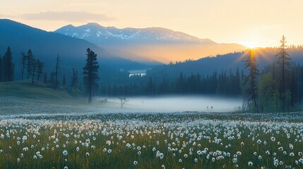 Wall Mural - Sunrise over misty mountain valley with wildflowers.