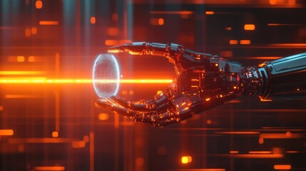 Poster - Advanced robot arm with glowing circuits holding a holographic object, surrounded by futuristic light patterns