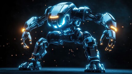 Poster - Advanced robot concept with glowing panels and articulated joints, set against a dark background with particle effects