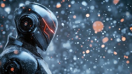Poster - Advanced robot concept with glowing panels and articulated joints, set against a dark background with particle effects