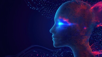 Poster - Advanced robot head with glowing eyes and digital patterns, set against a clean abstract background with light effects
