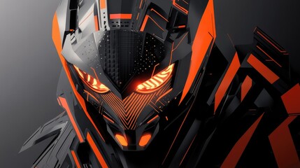 Poster - Advanced robot head with glowing eyes and digital patterns, set against a clean abstract background with light effects