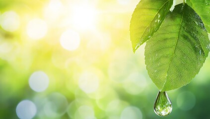 Wall Mural - dewdrop on vibrant green leaf with blurred sunny background.