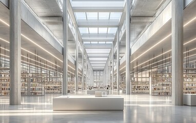 Wall Mural - Modern library interior with high ceilings, natural light, and bookshelves.