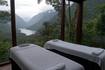 Wall Mural - Two massage beds are in a room with a view of mountains and a lake