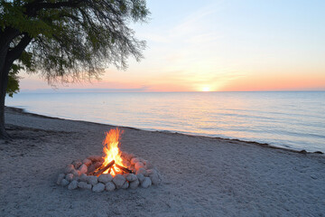 Wall Mural - A fire is burning in a circle on a beach near the ocean