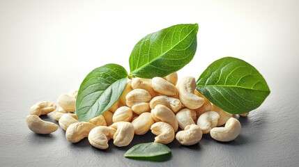 Poster - Pile of tasty organic cashew nuts and green leaves, isolated on white background.