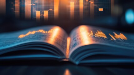 Poster - A close-up of an open financial ledger with glowing charts, representing financial planning, management, and investment tracking