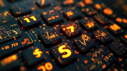 Poster - A close-up of a financial calculator with glowing numbers and currency symbols, with abstract data and graphs forming the backdrop