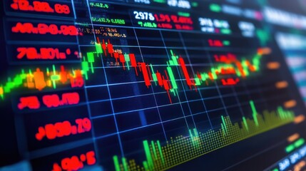 Poster - A close-up of a financial chart with glowing upward trends and abstract symbols, representing investment growth and market analysis