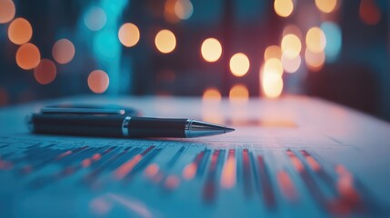 Poster - A close-up of a financial document with a pen and calculator, surrounded by abstract glowing financial charts representing investment planning