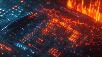 Poster - A close-up of a financial document with a pen and calculator, surrounded by abstract glowing financial charts representing investment planning