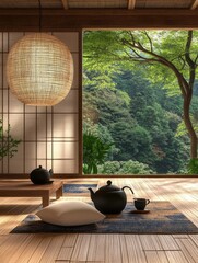 Wall Mural - Serene Japanese Tea Room With Lush Green View