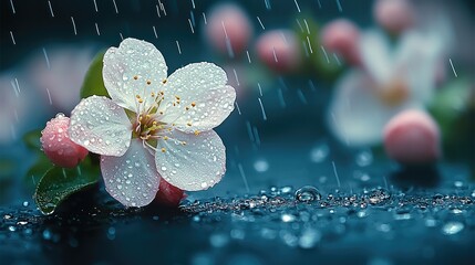 Poster - Close-up of plum blossoms in the rain.