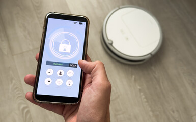 Poster - Smart house, home automation, device with App icons. Man uses his smartphone with smarthome app to control the lights of his house.