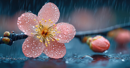 Poster - Close-up of plum blossoms in the rain.