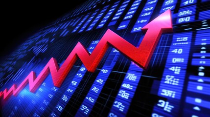 Poster - A close-up of a glowing upward trending stock market chart, with numbers and graphs surrounding it, representing the rise of stock market values