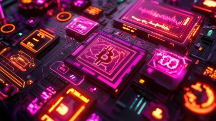 Poster - A close-up of glowing digital currency symbols and stock charts, representing the interconnectedness of the financial world and the stock market