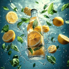 Poster - A bottle of lemon drink flying in the air, surrounded by splashes of liquid and lots of leaves floating around it.