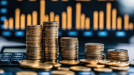 Poster - A close-up of stacked coins and a calculator, with a subtle glowing financial chart in the background, symbolizing investment and savings