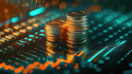 Poster - A close-up of stacked coins and a calculator, with a subtle glowing financial chart in the background, symbolizing investment and savings